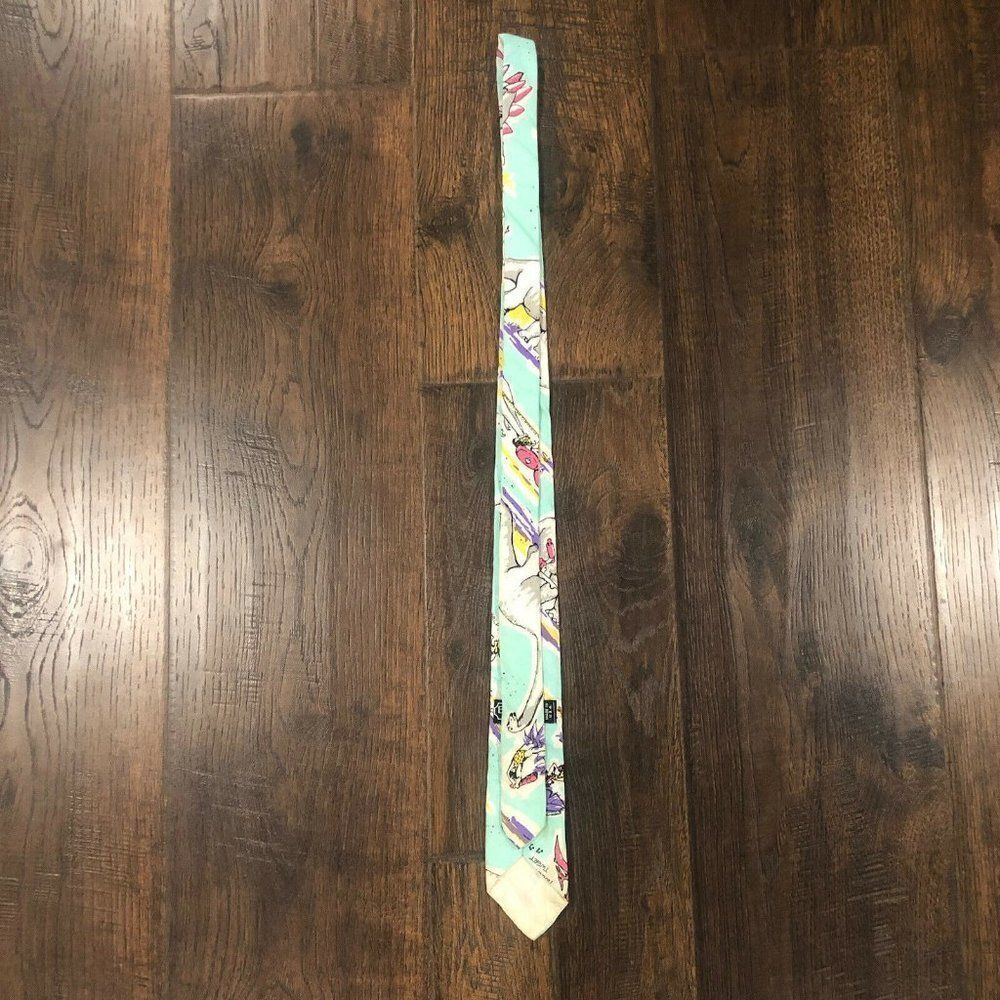 Vintage Bon Homme Stegosaurus Dinosaurs Novelty Necktie Light‎ Blue Comic Retro - Picture 7 of 11